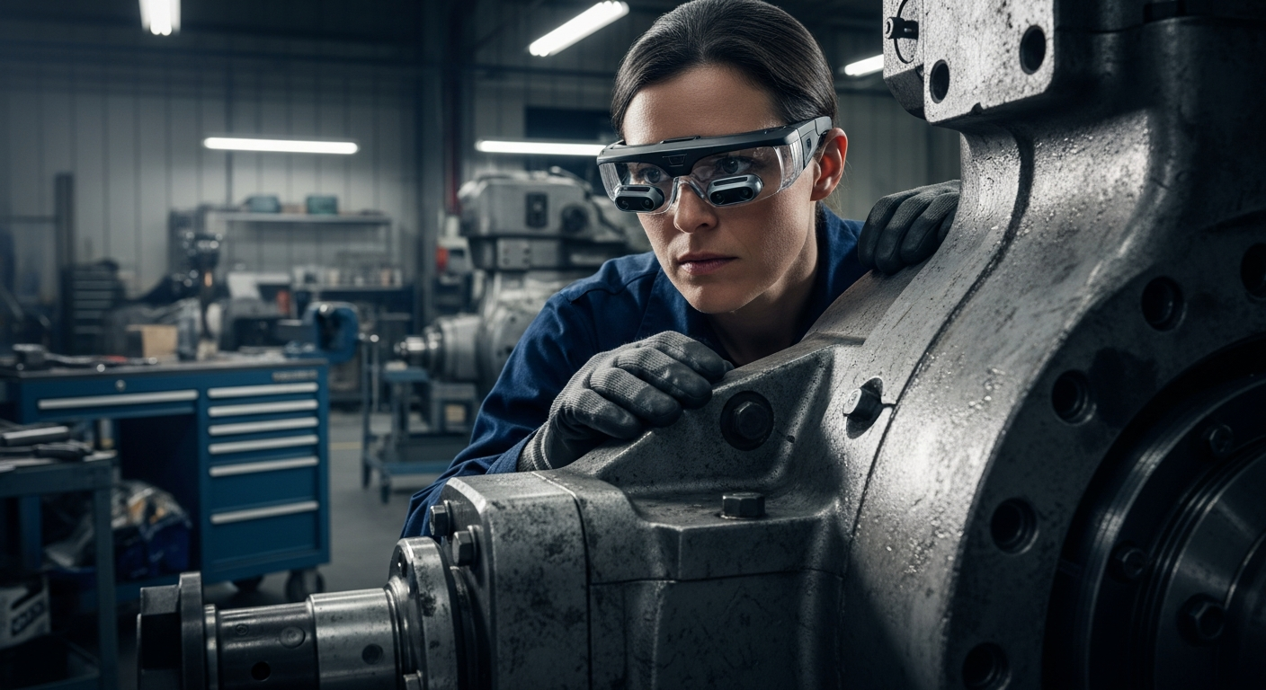 A worker using AR glasses for hands-free assistance in a real industrial environment.