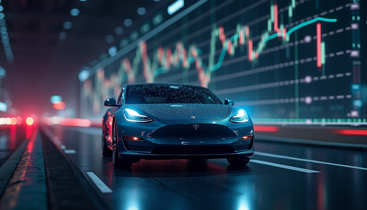 Line chart showing Tesla stock price fluctuations over six months with annotations for major news events