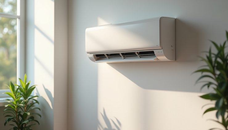 Eye-level view of a modern split air conditioner mounted on a living room wall