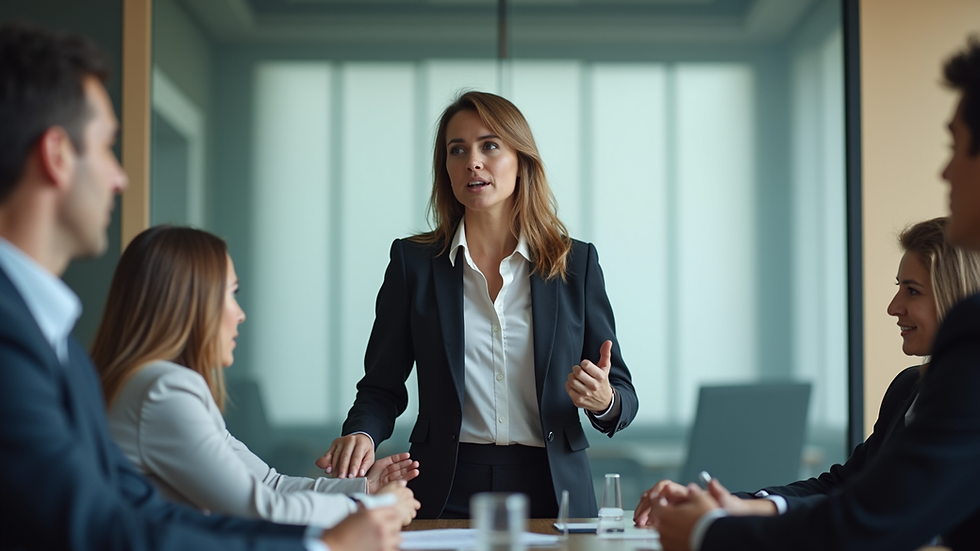Eye-level view of a professional woman confidently speaking in a boardroom