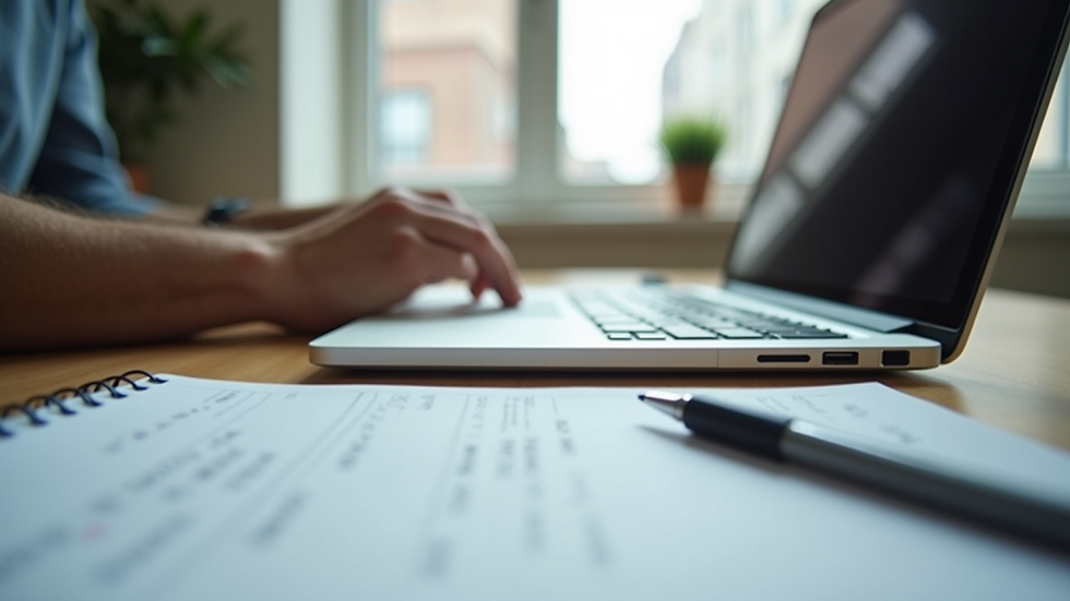 Eye-level view of a professional workspace with a laptop and notes