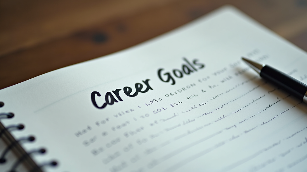 Close-up view of a notebook with career goals and a pen