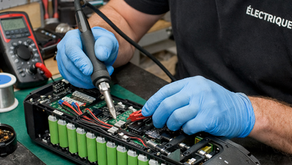 Technicien réalisant le reconditionnement d’une batterie lithium pour trottinette électrique en atelier spécialisé.