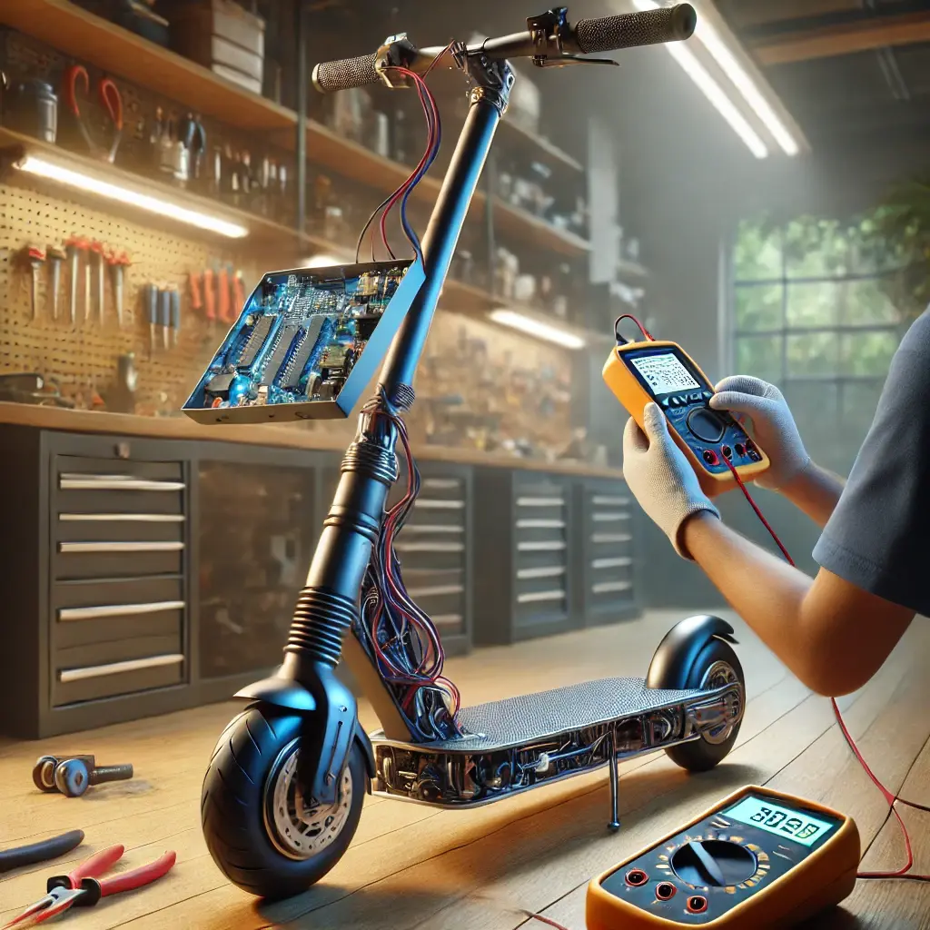 Vérification des composants électriques d’une trottinette électrique à Saint-Nazaire.