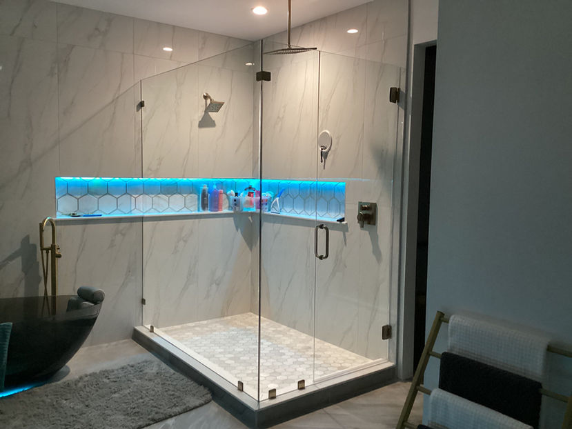 90 degree frameless shower door, matte black hardware