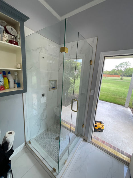 90 degree frameless , gold hardware