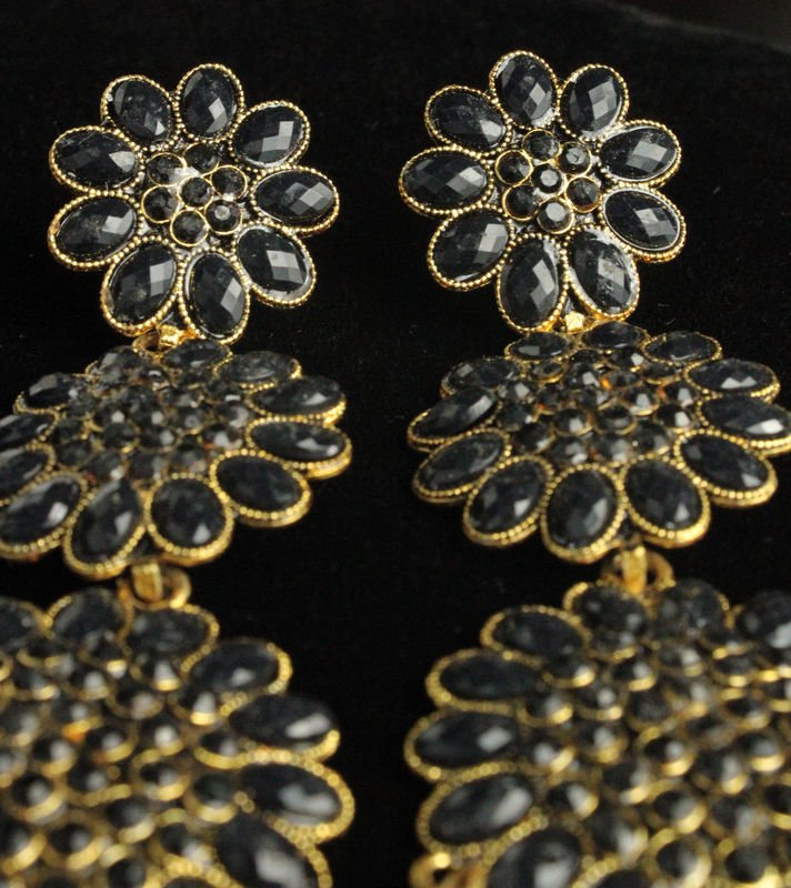 Thumbnail: Black  Crystal with Triple ring Designer� Ethnic Jhumka earrings