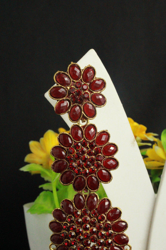 Thumbnail: Maroon  Crystal with Triple ring Designer� Ethnic Jhumka earrings