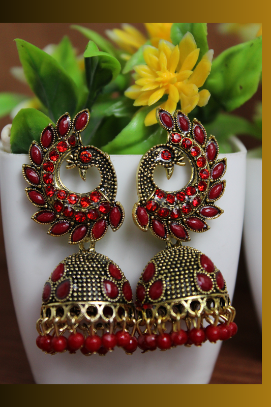 Red colour Peacock design crystal Ethnic Jhumka earrings for women/Girls