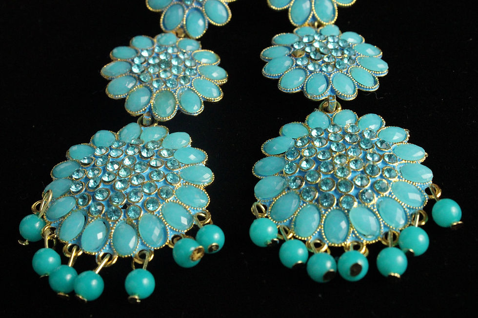 Thumbnail: Turquoise  Crystal with Triple ring Designer� Ethnic Jhumka earrings