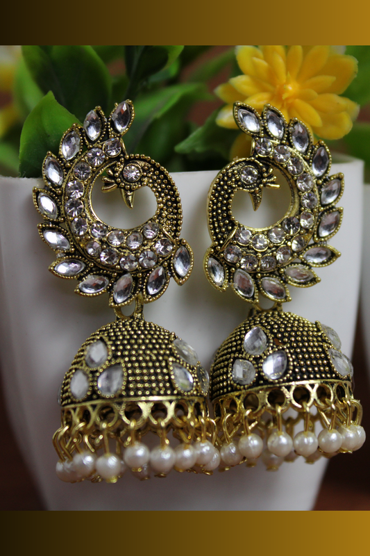 White colour Peacock design crystal Ethnic Jhumka earrings for women/Girls
