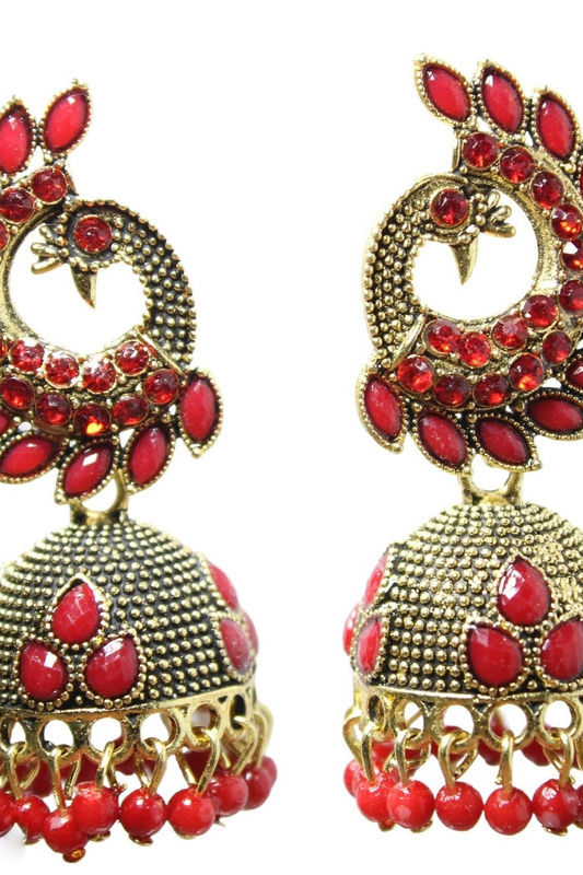 Thumbnail: Red colour Peacock design crystal Ethnic Jhumka earrings for women/Girls