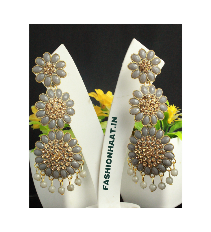 Grey Crystal with Triple ring Designer� Ethnic Jhumka earrings