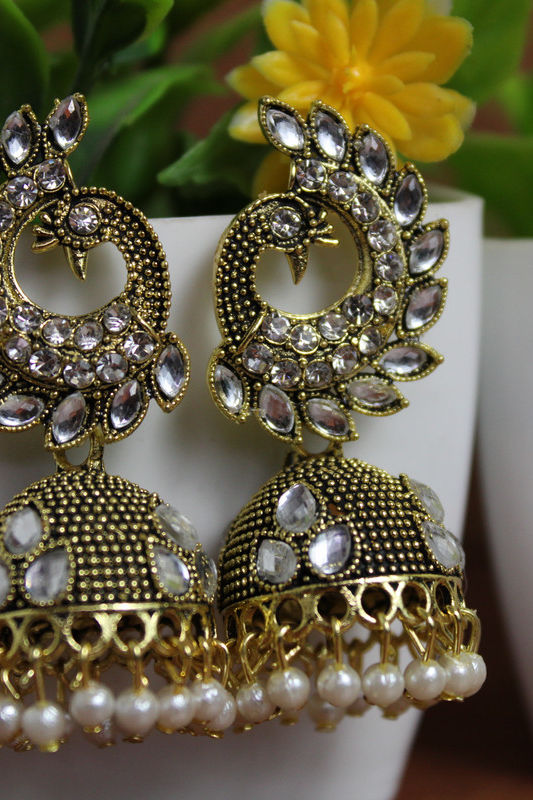 Thumbnail: White colour Peacock design crystal Ethnic Jhumka earrings for women/Girls