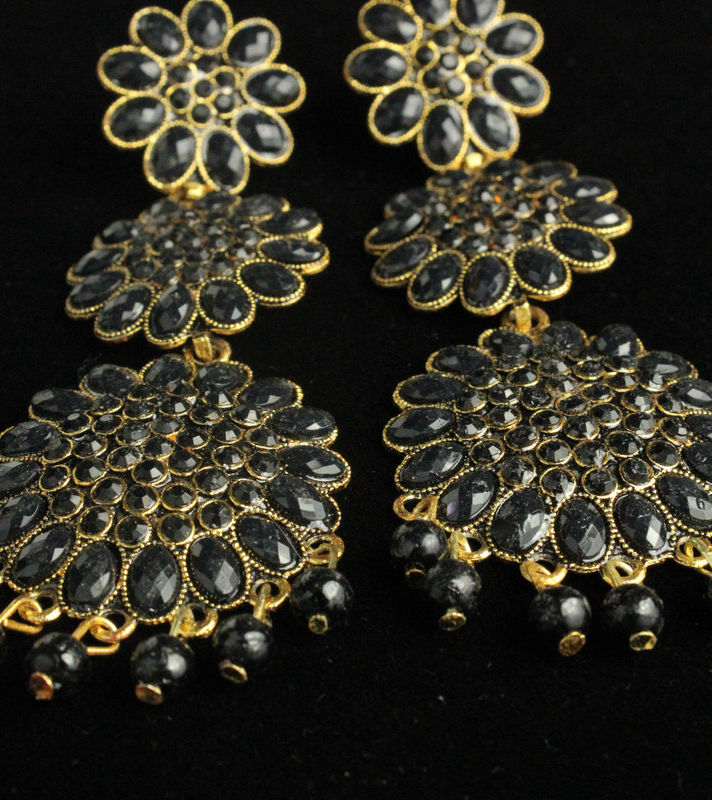 Thumbnail: Black  Crystal with Triple ring Designer� Ethnic Jhumka earrings