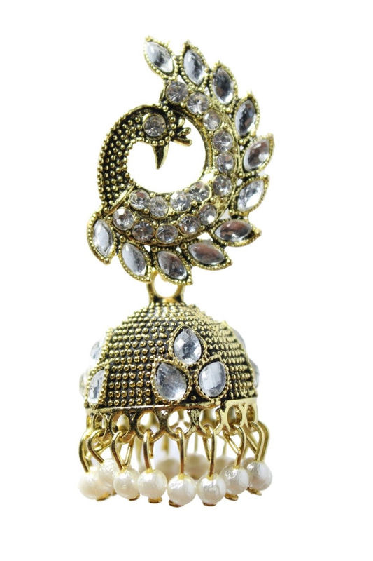 Thumbnail: White colour Peacock design crystal Ethnic Jhumka earrings for women/Girls