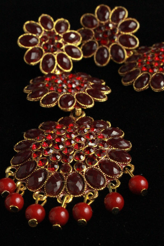 Thumbnail: Maroon  Crystal with Triple ring Designer� Ethnic Jhumka earrings