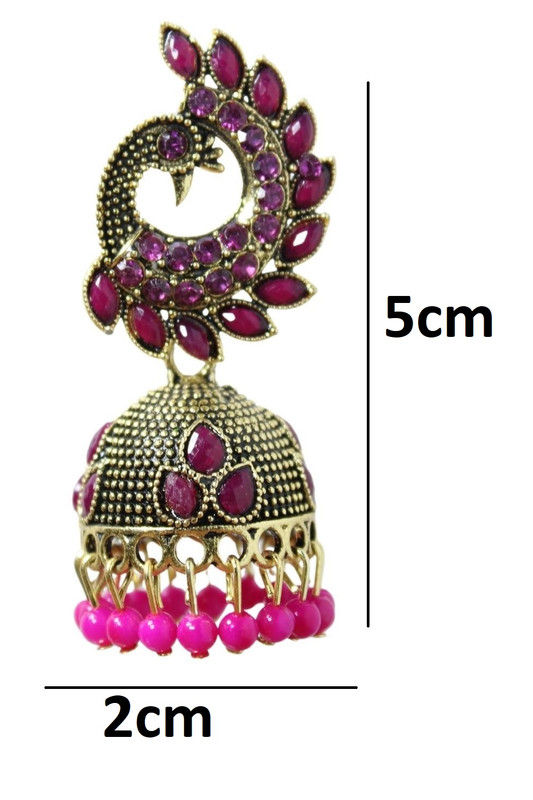 Thumbnail: Magenta colour Peacock design crystal Ethnic Jhumka earrings for women/Girls