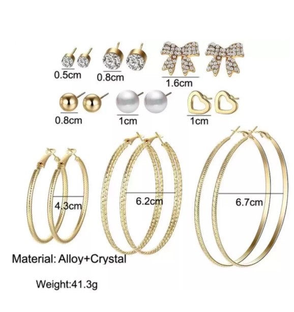 Thumbnail: 9 Pairs combo Fashion  earrings in Golden & Silver Variants