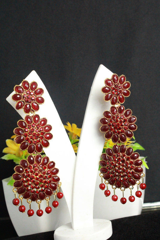 Thumbnail: Maroon  Crystal with Triple ring Designer� Ethnic Jhumka earrings
