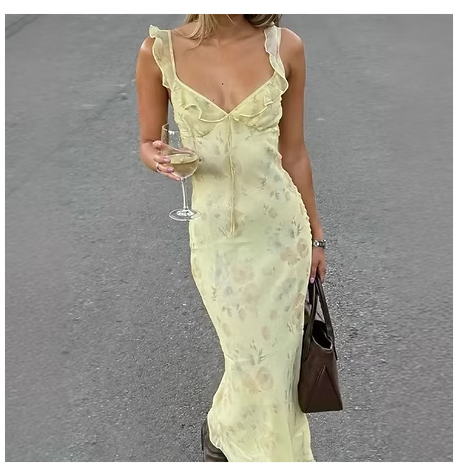 Summer Flower Printed Women's Sexy Low-Cut Dress Sleeveless Backless Slim Sling