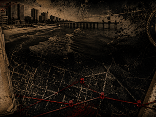 Stylized investigative collage featuring Orange Beach's coastline, confidential case files, redacted documents, a city map connected with red string and pushpins, and distressed textures, creating the atmosphere of a long-running public corruption investigation.