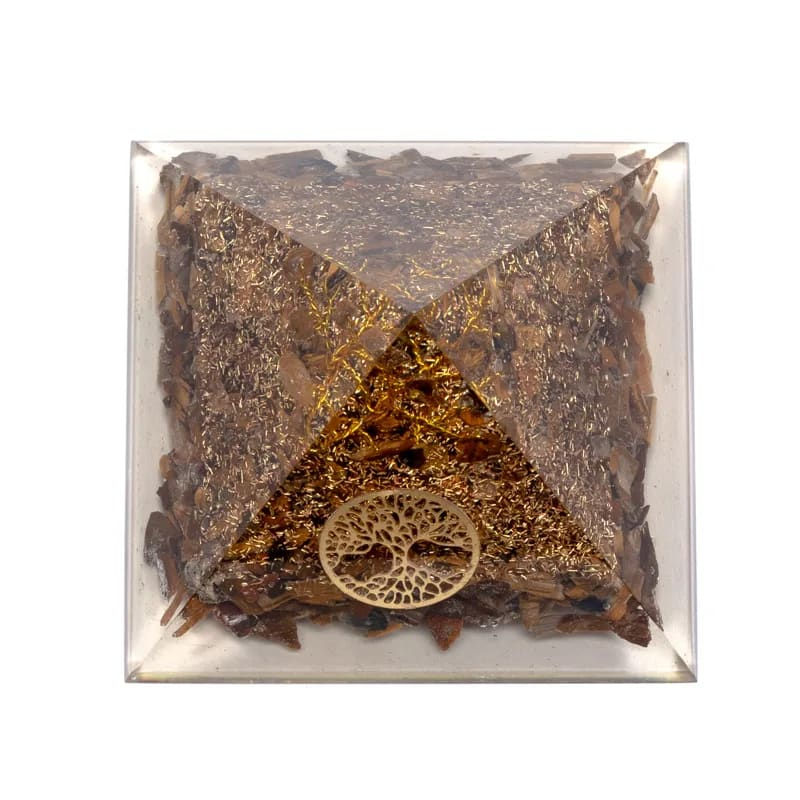 Thumbnail: Pyramide d'Orgonite en œil de tigre et arbre de vie