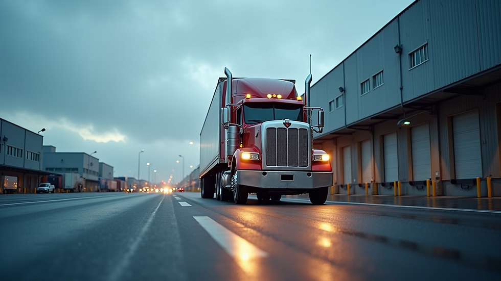 Eye-level view of a large freight truck parked at a logistics warehouse