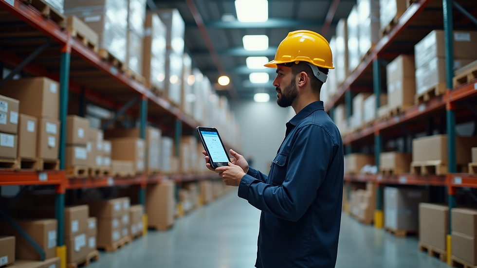 Eye-level view of workers operating advanced inventory management tools