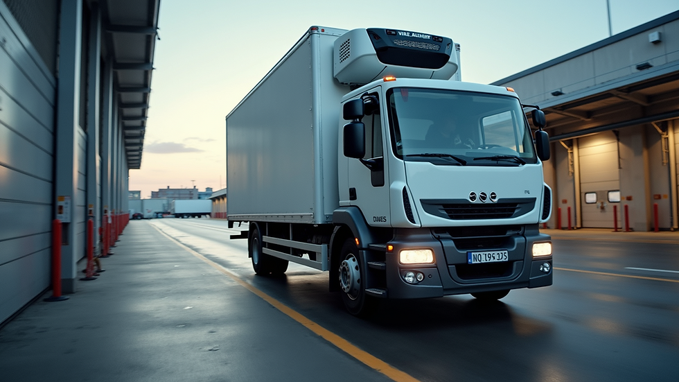 Eye-level view of refrigerated truck parked at a loading dock