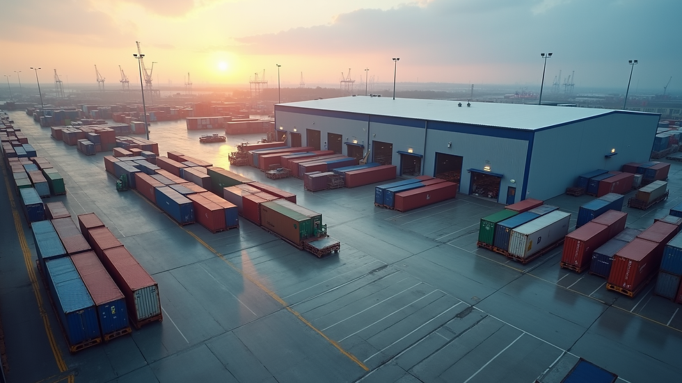 High angle view of a Dorval warehouse with freight containers and loading docks