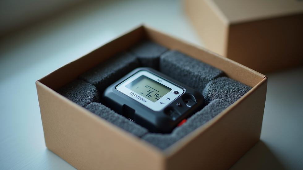 Close-up view of temperature data logger inside insulated packaging