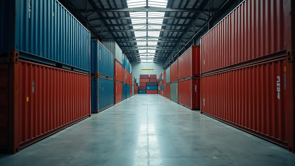 High angle view of a warehouse with stacked shipping containers