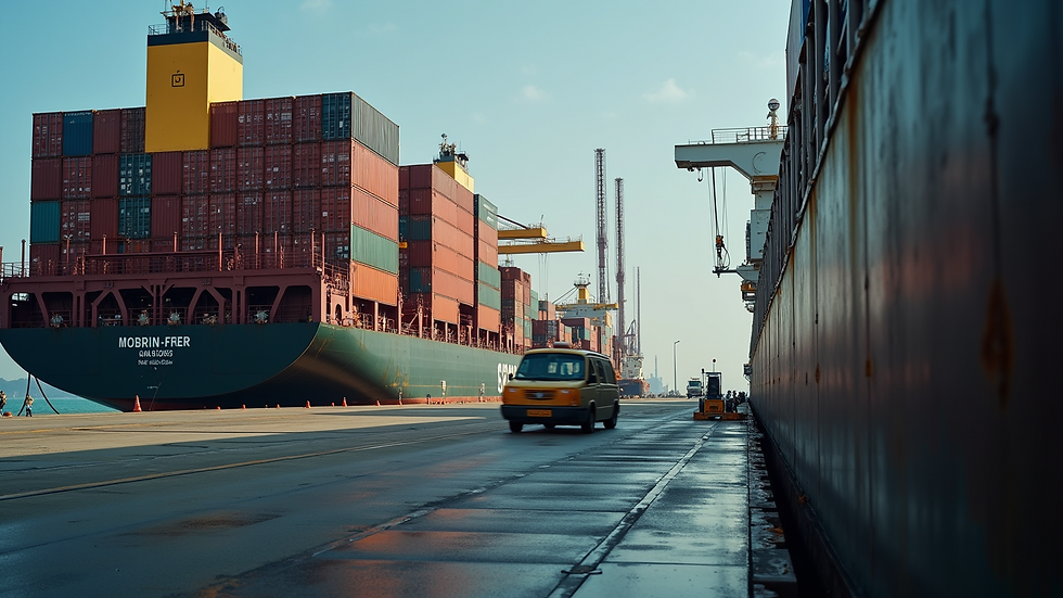 Close-up view of a cargo ship being loaded at a port