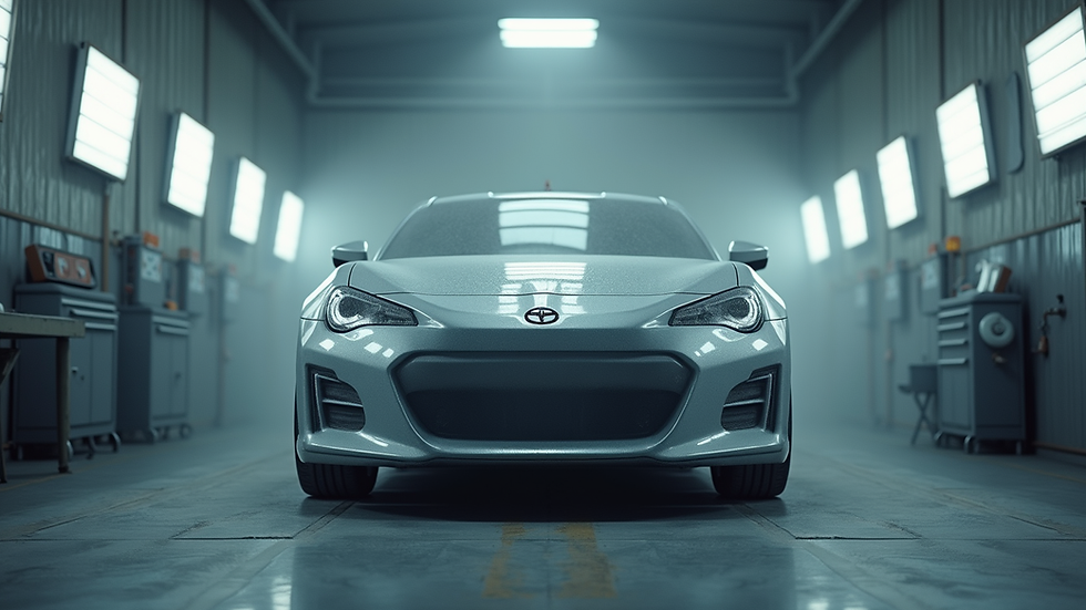 Eye-level view of a car being spray painted in a workshop