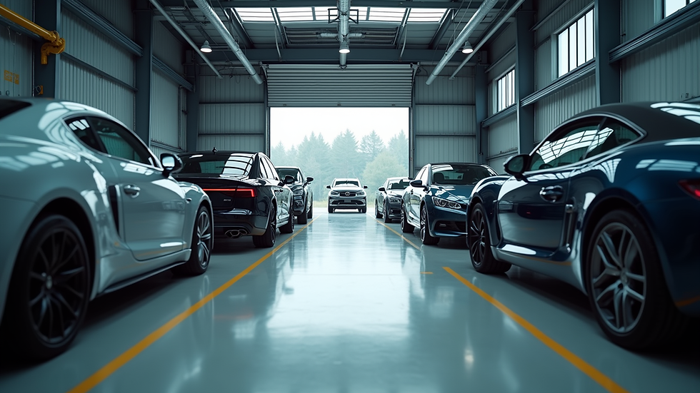 Wide angle view of a car workshop with vehicles being serviced