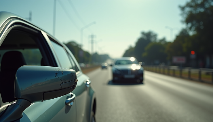 Eye-level view of a damaged car’s side mirror clipped on a busy Durban road