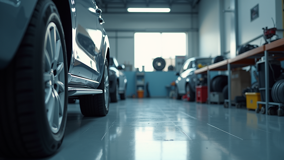 Eye-level view of a clean and organized car repair workshop