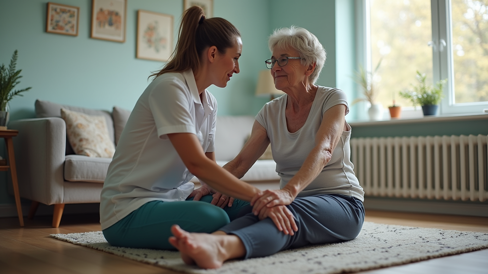 Close-up view of a physical therapist helping a senior with leg exercises at home