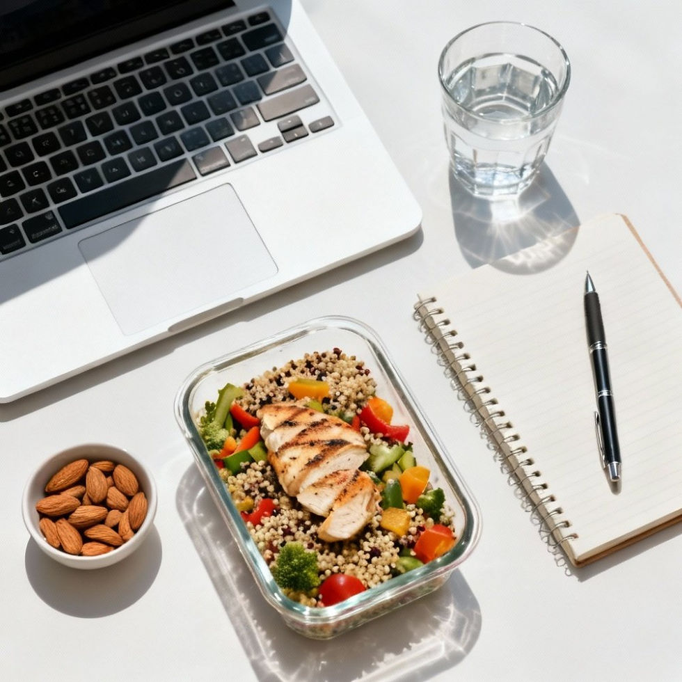 Healthy office lunch of grilled chicken, vegetables and quinoa beside a laptop, almonds and water representing eating clean for metabolic health at work.