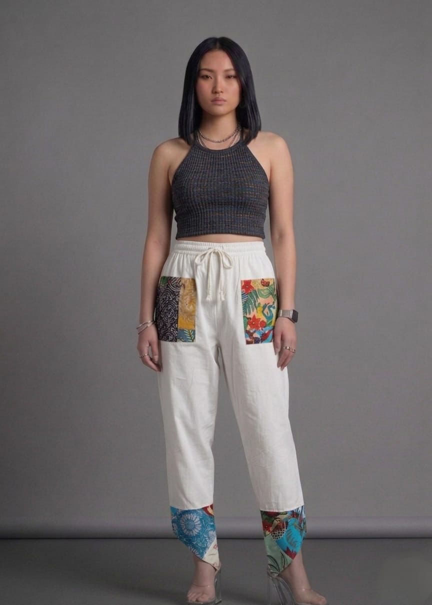 Cotton Trouser with Patchwork Pockets & Bottom Side Cut