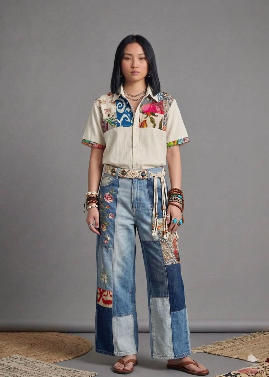 Top Patchwork Design Cotton Shirt