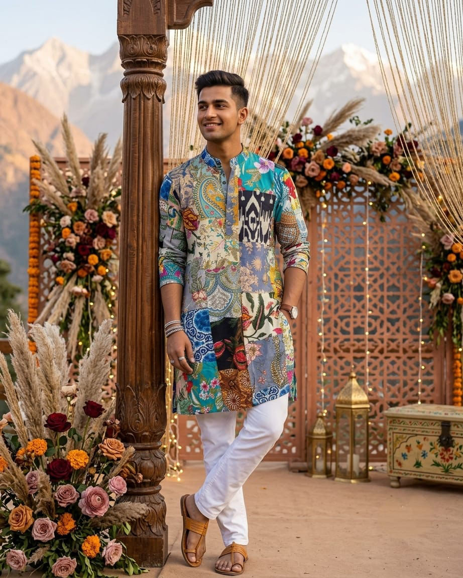 Cotton Patchwork Full Sleeves Kurta in Hidden Buttons Design