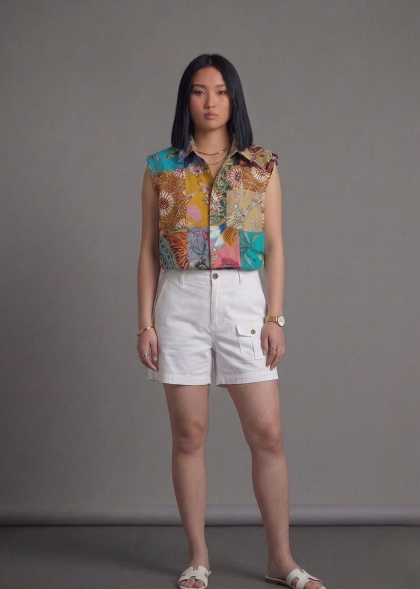 Sleeveless Cotton Patchwork Shirt