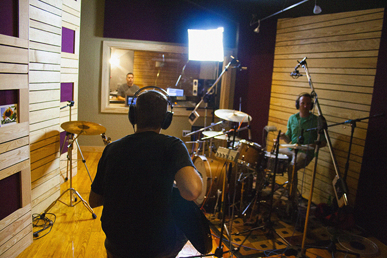 Shawn McKee, Shane Bales, and Ian Grail recording a documentary film soundtrack, for Our Family & CF: Music from the Film, in Orange City, FL
