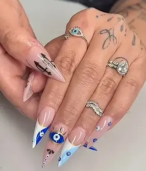 Custom acrylic nails with evil eye nail art design at 312 Nails & Spa River North Chicago