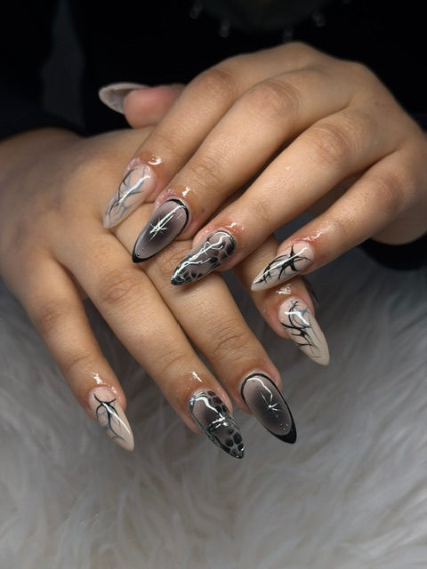 Luxury Gel-X nail extensions with custom trendy black and silver smoky nail art at 312 Nails & Spa River North Chicago