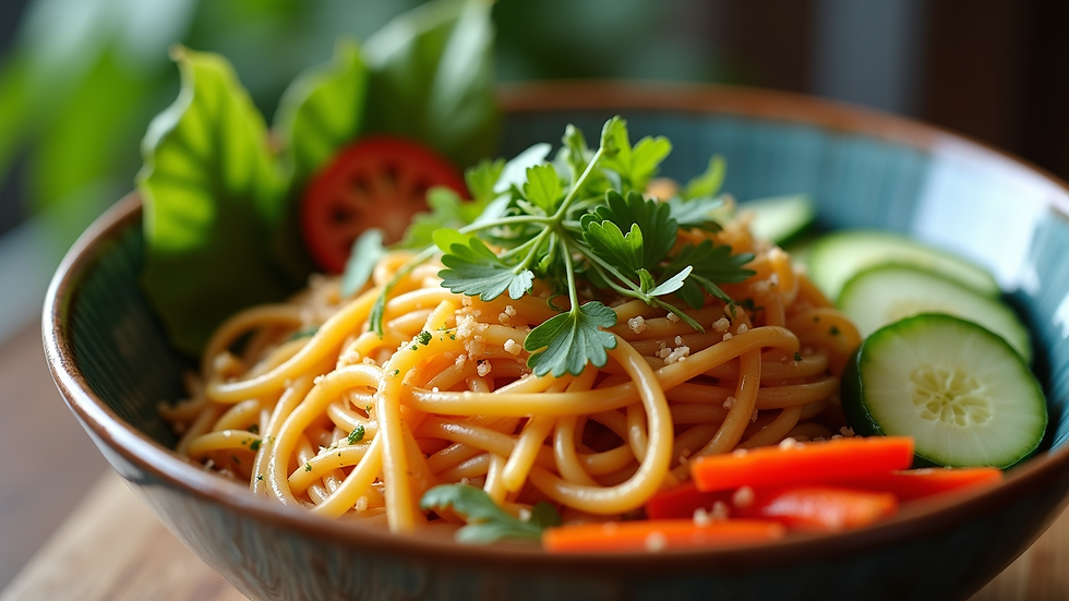Close-up view of a vibrant noodle bowl with fresh vegetables and herbs
