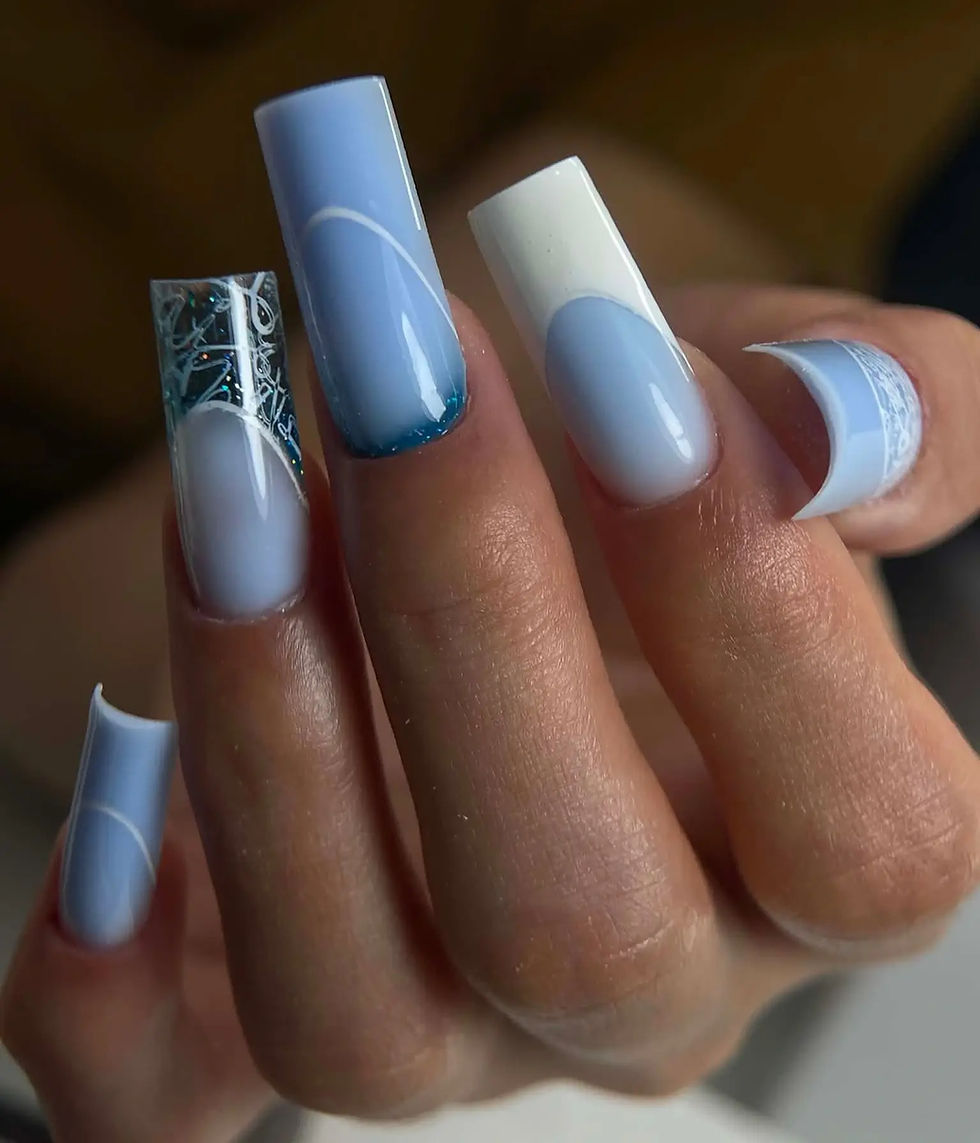 Dual form polygel nail extensions with baby blue French tip and Russian manicure clean cuticle prep at 312 Nails & Spa Chicago