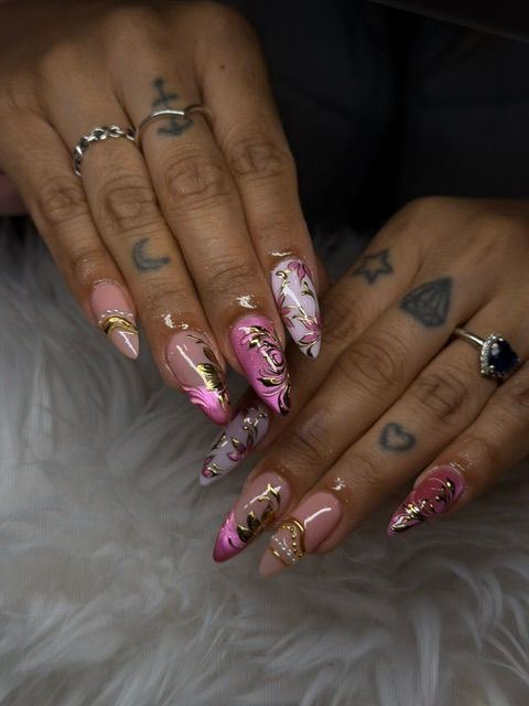 Luxury Builder Gel structured manicure with custom trendy pink metallic and gold foil nail art at 312 Nails & Spa River North Chicago